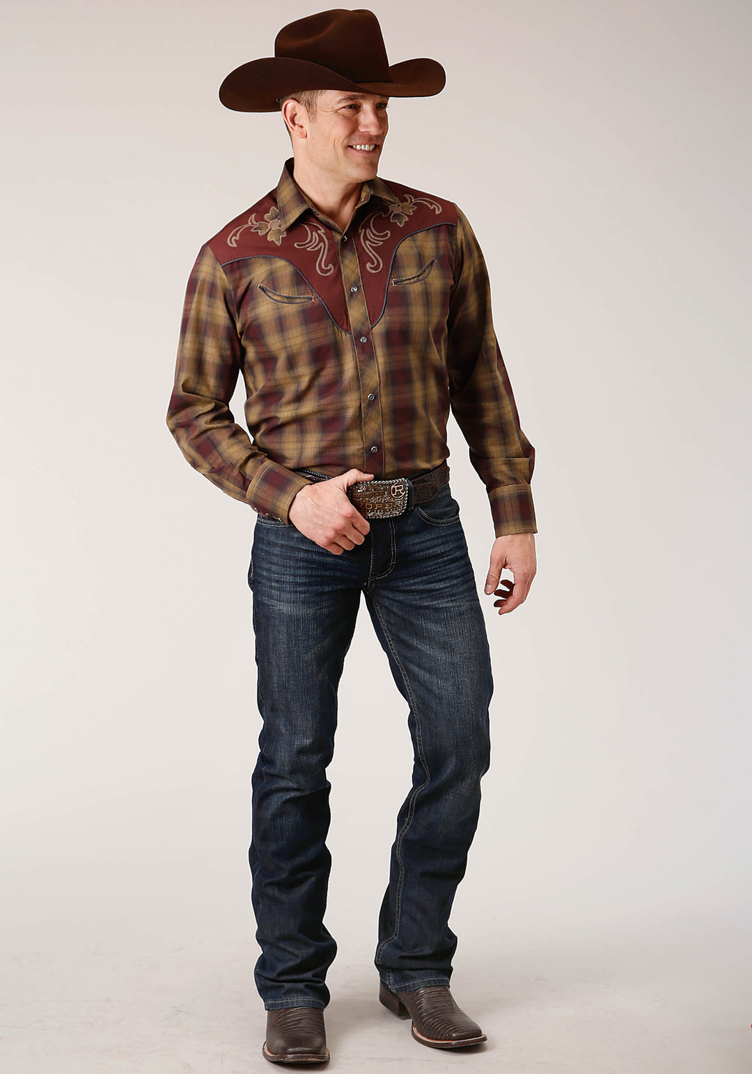 MENS LONG SLEEVE SNAP CARAMEL AND GREY PLAID WESTERN SHIRT