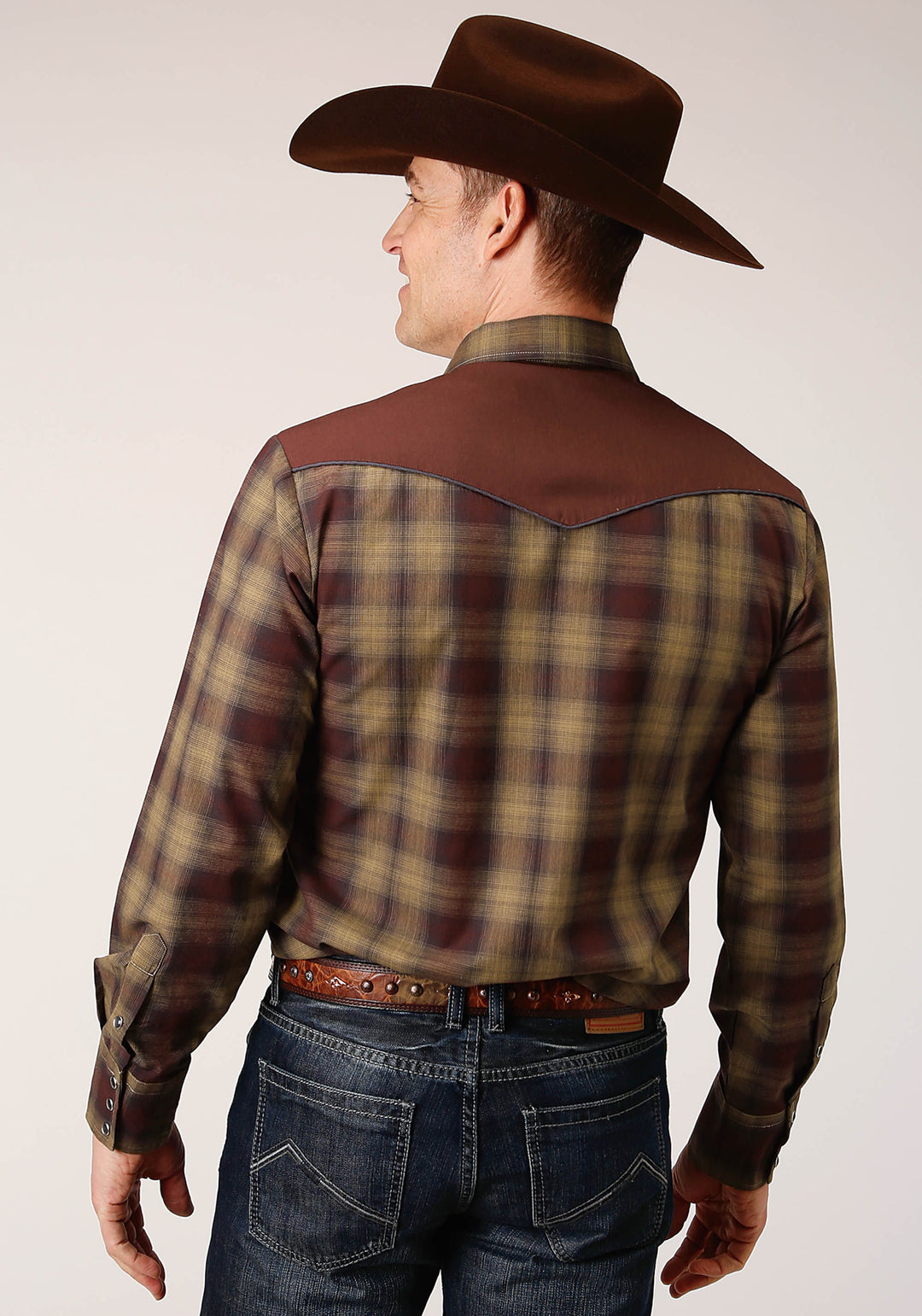 MENS LONG SLEEVE SNAP CARAMEL AND GREY PLAID WESTERN SHIRT