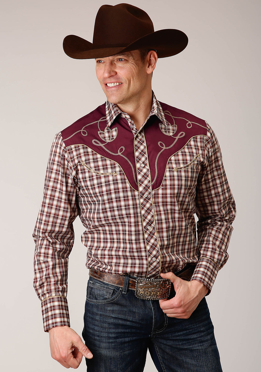 MENS LONG SLEEVE SNAP WINE CREAM TAN SMALL SCALE PLAID WESTERN SHIRT