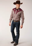 MENS LONG SLEEVE SNAP WINE CREAM TAN SMALL SCALE PLAID WESTERN SHIRT