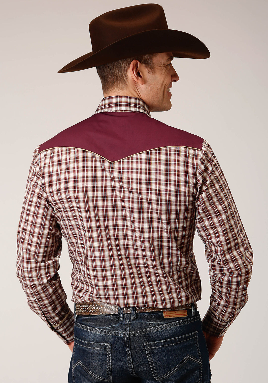 MENS LONG SLEEVE SNAP WINE CREAM TAN SMALL SCALE PLAID WESTERN SHIRT
