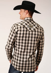 MENS LONG SLEEVE SNAP BLACK  CREAM  AND OLIVE PLAID WESTERN SHIRT