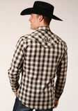 MENS LONG SLEEVE SNAP BLACK  CREAM  AND OLIVE PLAID WESTERN SHIRT