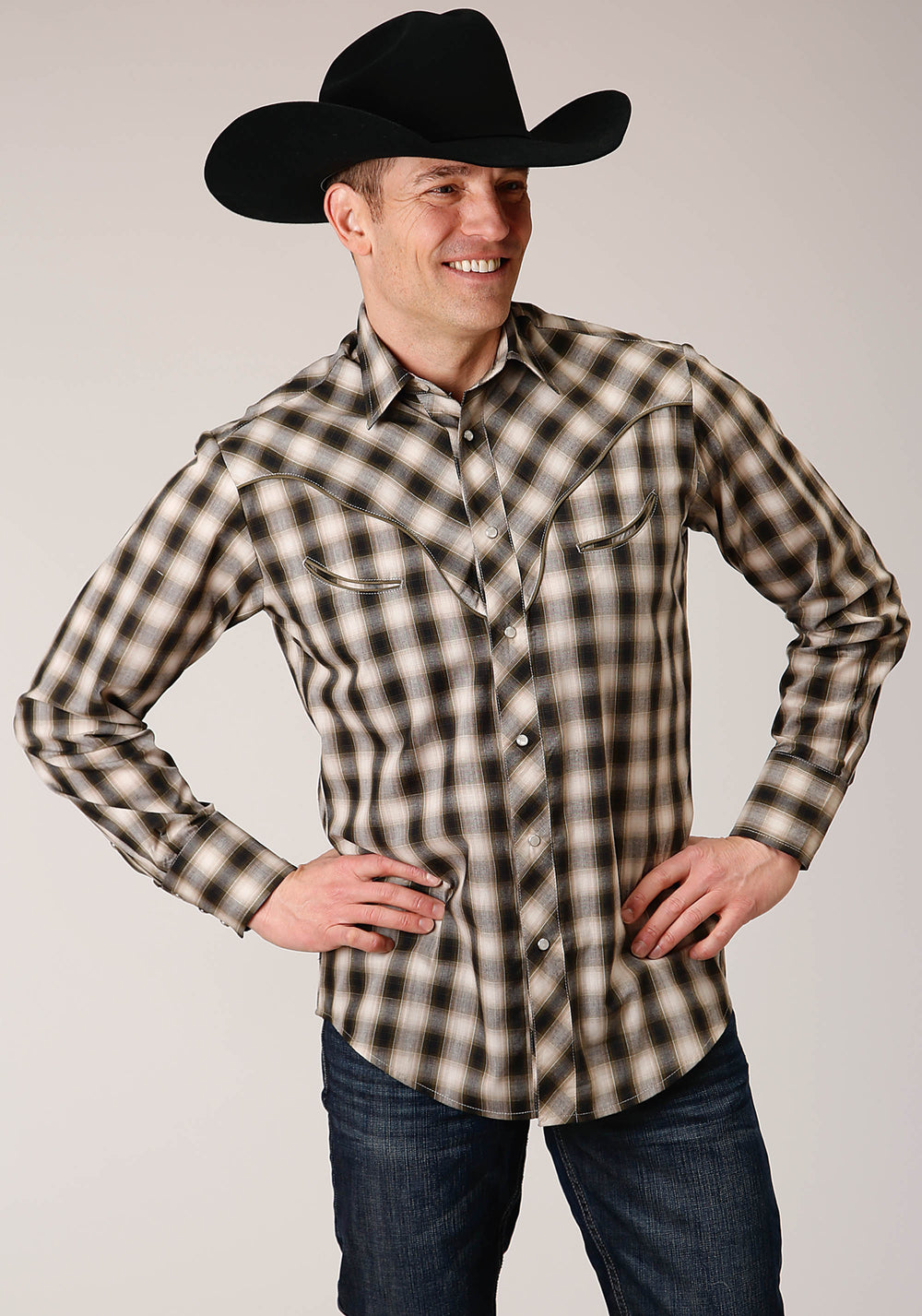MENS LONG SLEEVE SNAP BLACK  CREAM  AND OLIVE PLAID WESTERN SHIRT