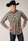 MENS LONG SLEEVE SNAP BLACK  CREAM  AND OLIVE PLAID WESTERN SHIRT