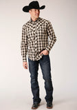 MENS LONG SLEEVE SNAP BLACK  CREAM  AND OLIVE PLAID WESTERN SHIRT