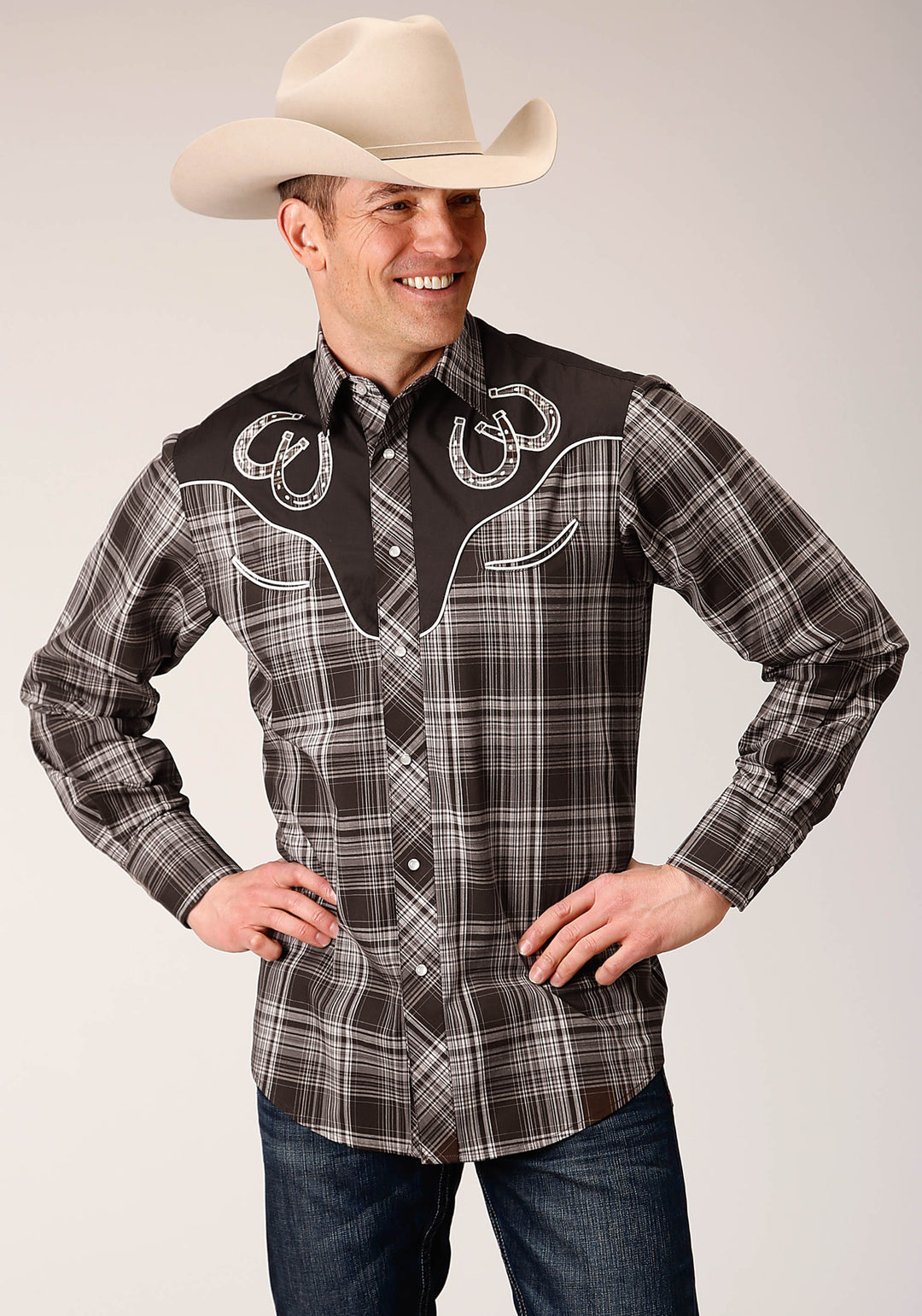 MENS LONG SLEEVE SNAP CHOCOLATE AND CREAM PLAID WESTERN SHIRT