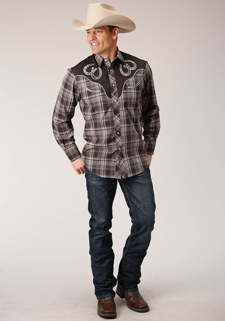 MENS LONG SLEEVE SNAP CHOCOLATE AND CREAM PLAID WESTERN SHIRT