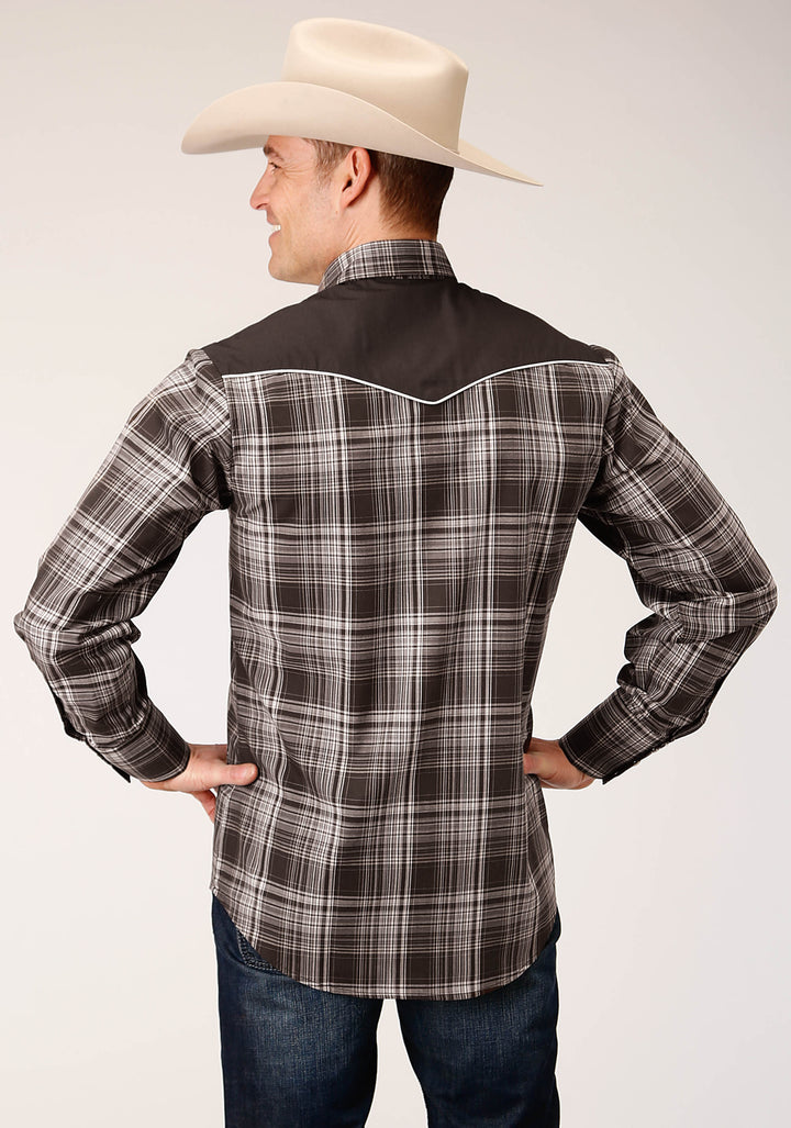 MENS LONG SLEEVE SNAP CHOCOLATE AND CREAM PLAID WESTERN SHIRT