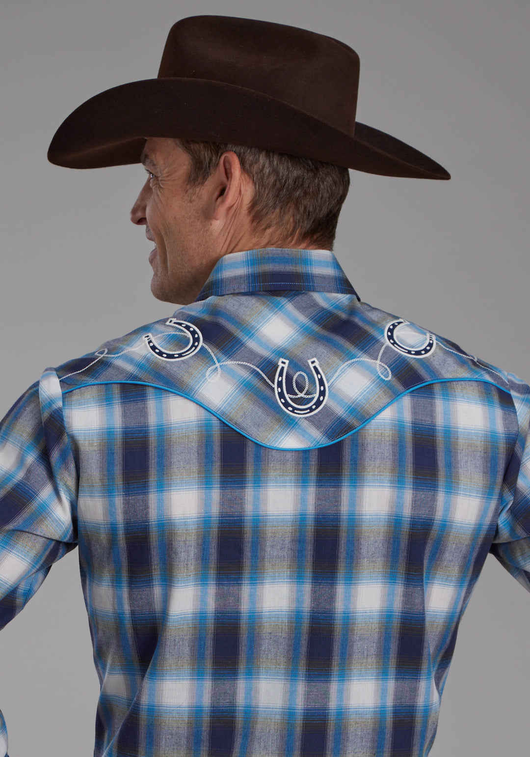 MENS MULTI BLUE AND WHITE PLAID LONG SLEEVE SNAP WESTERN SHIRT