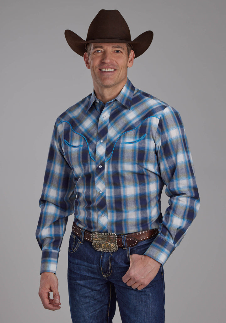 MENS MULTI BLUE AND WHITE PLAID LONG SLEEVE SNAP WESTERN SHIRT