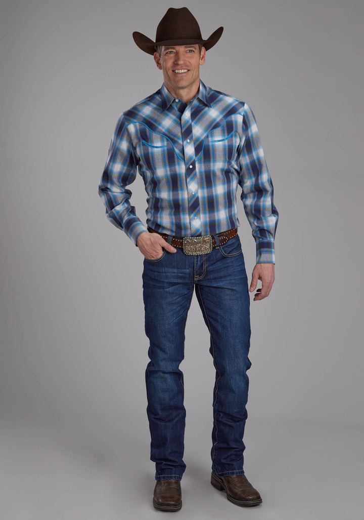MENS MULTI BLUE AND WHITE PLAID LONG SLEEVE SNAP WESTERN SHIRT