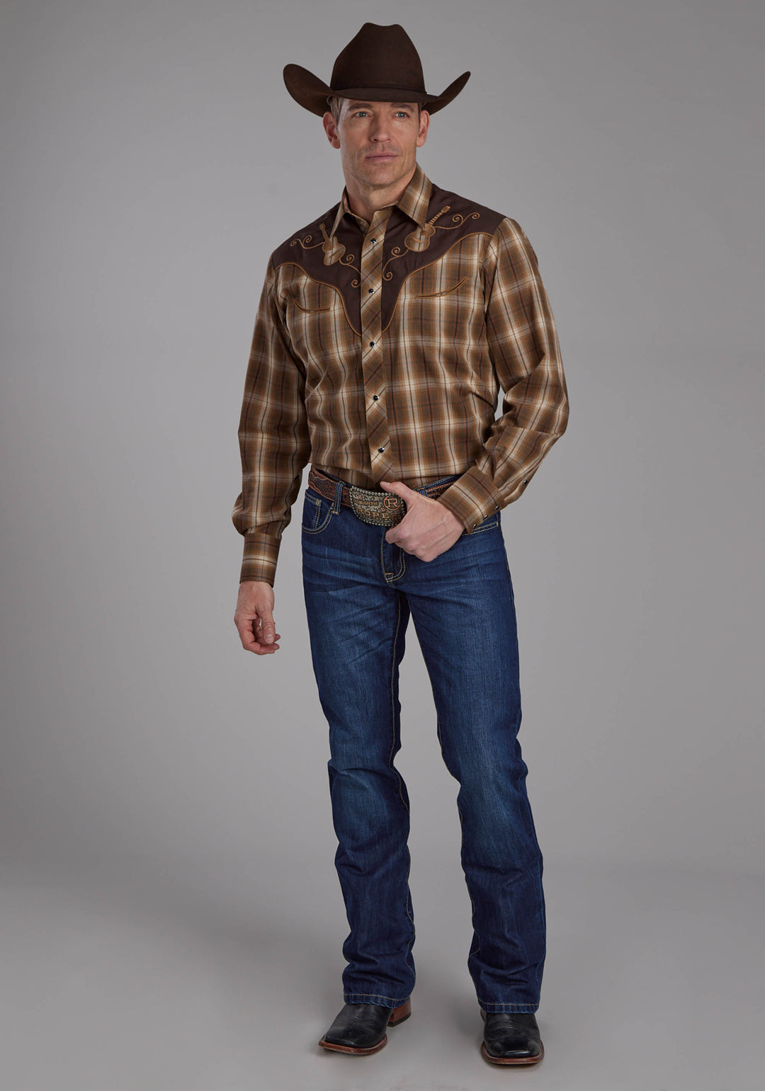 MENS TOBACCO, BLACK, AND RED PLAID LONG SLEEVE SNAP WESTERN SHIRT