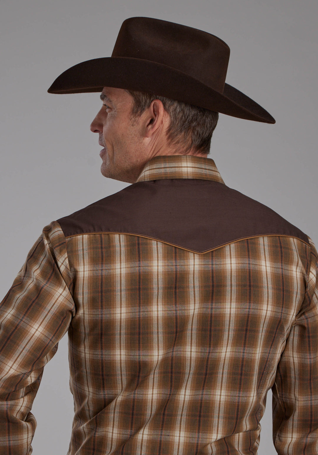 MENS TOBACCO, BLACK, AND RED PLAID LONG SLEEVE SNAP WESTERN SHIRT