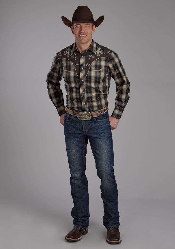 MENS GRAY CREAM TAN PLAID LONG SLEEVE SNAP WESTERN SHIRT