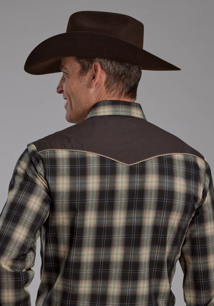MENS GRAY CREAM TAN PLAID LONG SLEEVE SNAP WESTERN SHIRT