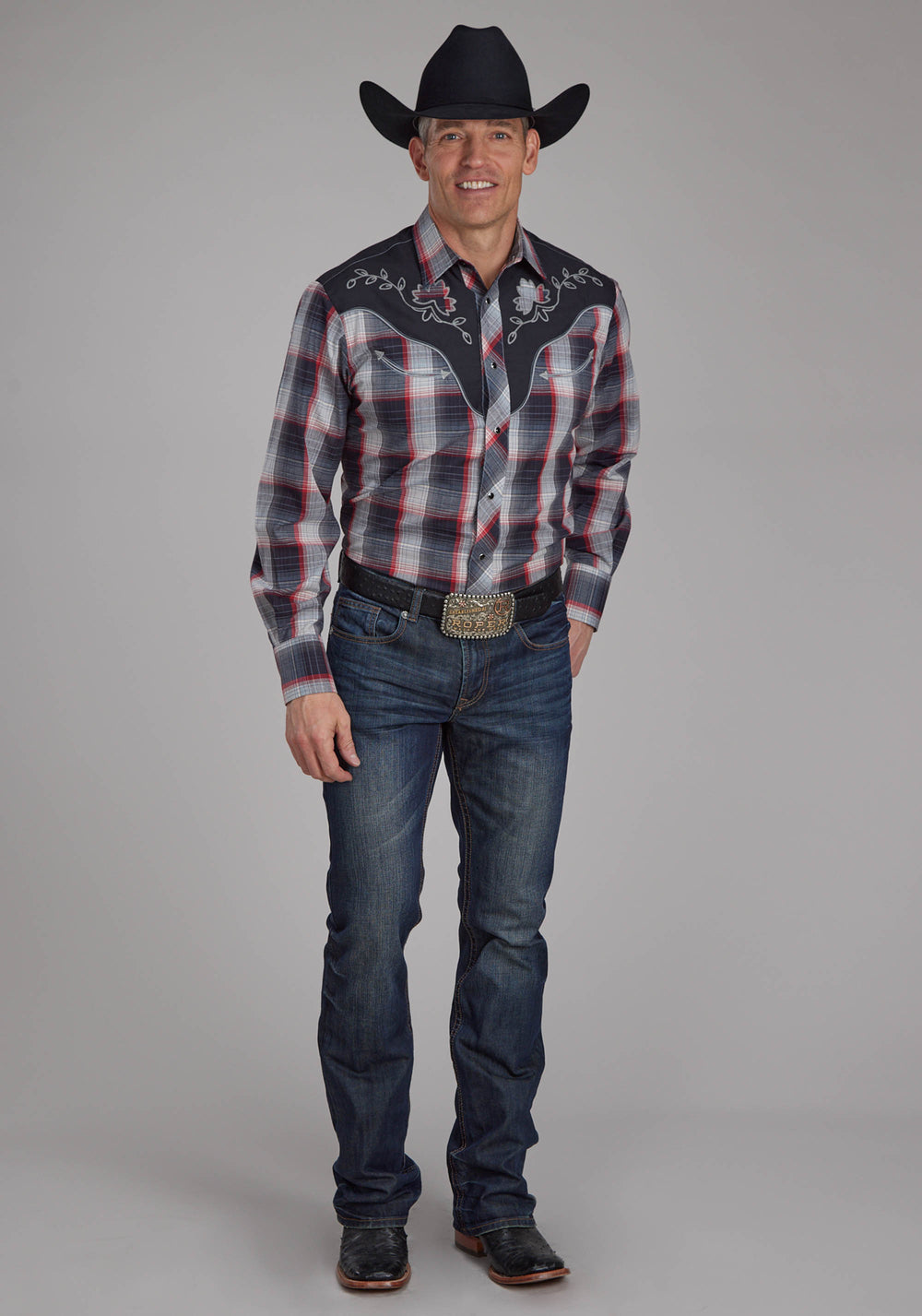MENS BLACK GRAY CREAM AND RED PLAID LONG SLEEVE SNAP WESTERN SHIRT