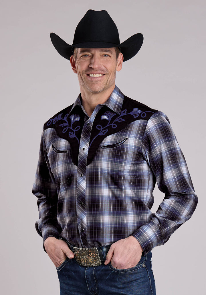 MENS ROPER MULTI BLUE PLAID LONG SLEEVE SNAP SHIRT