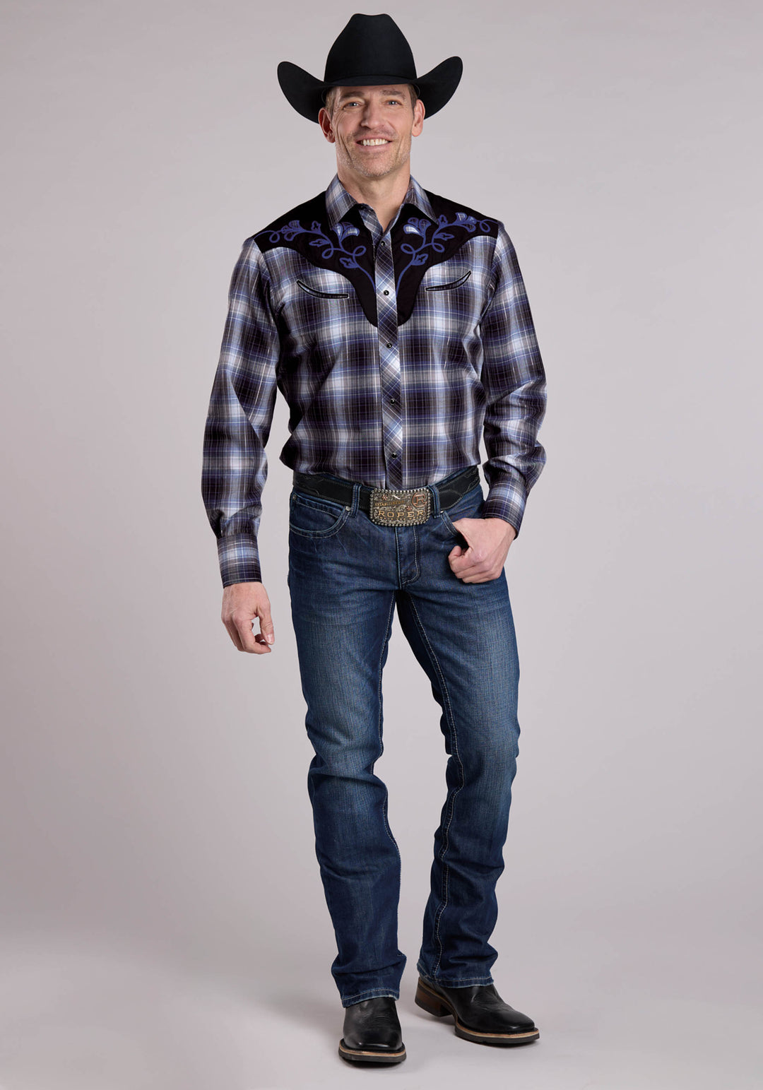 MENS ROPER MULTI BLUE PLAID LONG SLEEVE SNAP SHIRT