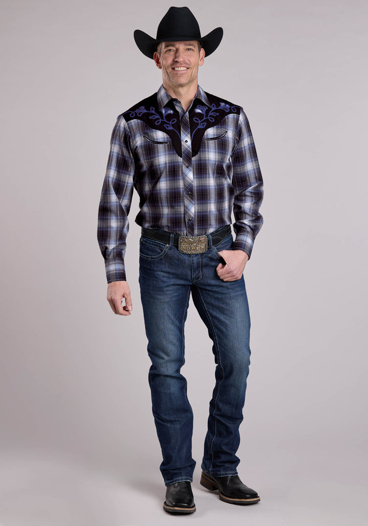 MENS ROPER MULTI BLUE PLAID LONG SLEEVE SNAP SHIRT