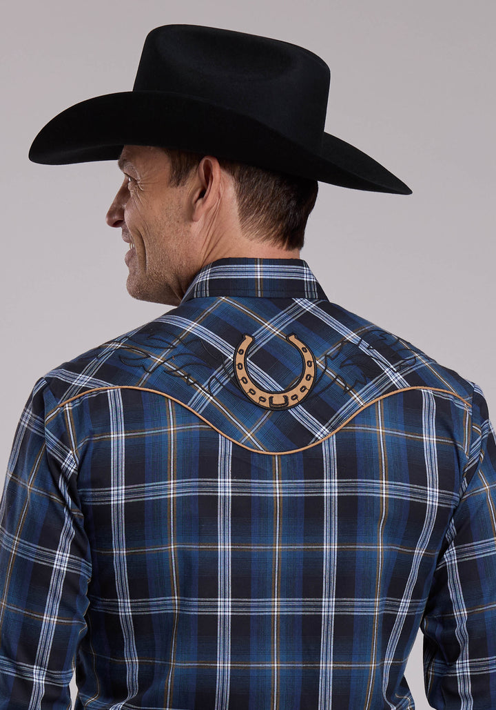 MENS ROPER BLUE AND BLACK AND TAN PLAID WESTERN SHIRT