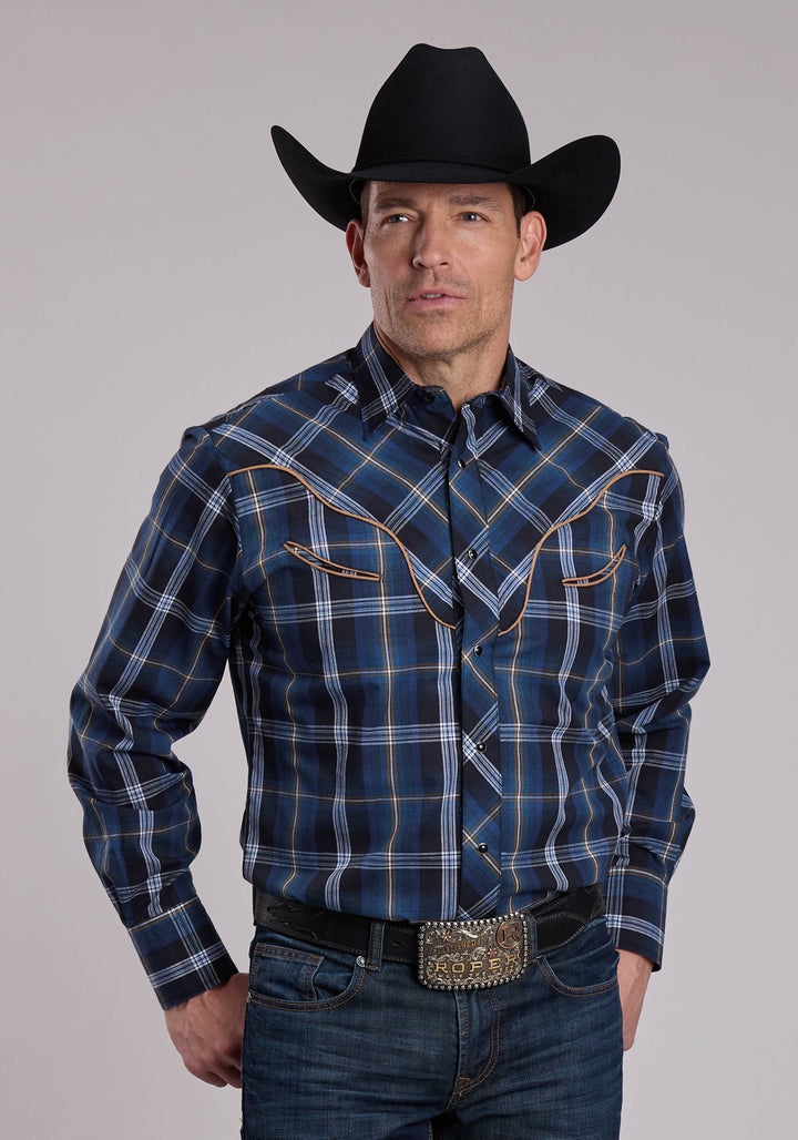 MENS ROPER BLUE AND BLACK AND TAN PLAID WESTERN SHIRT