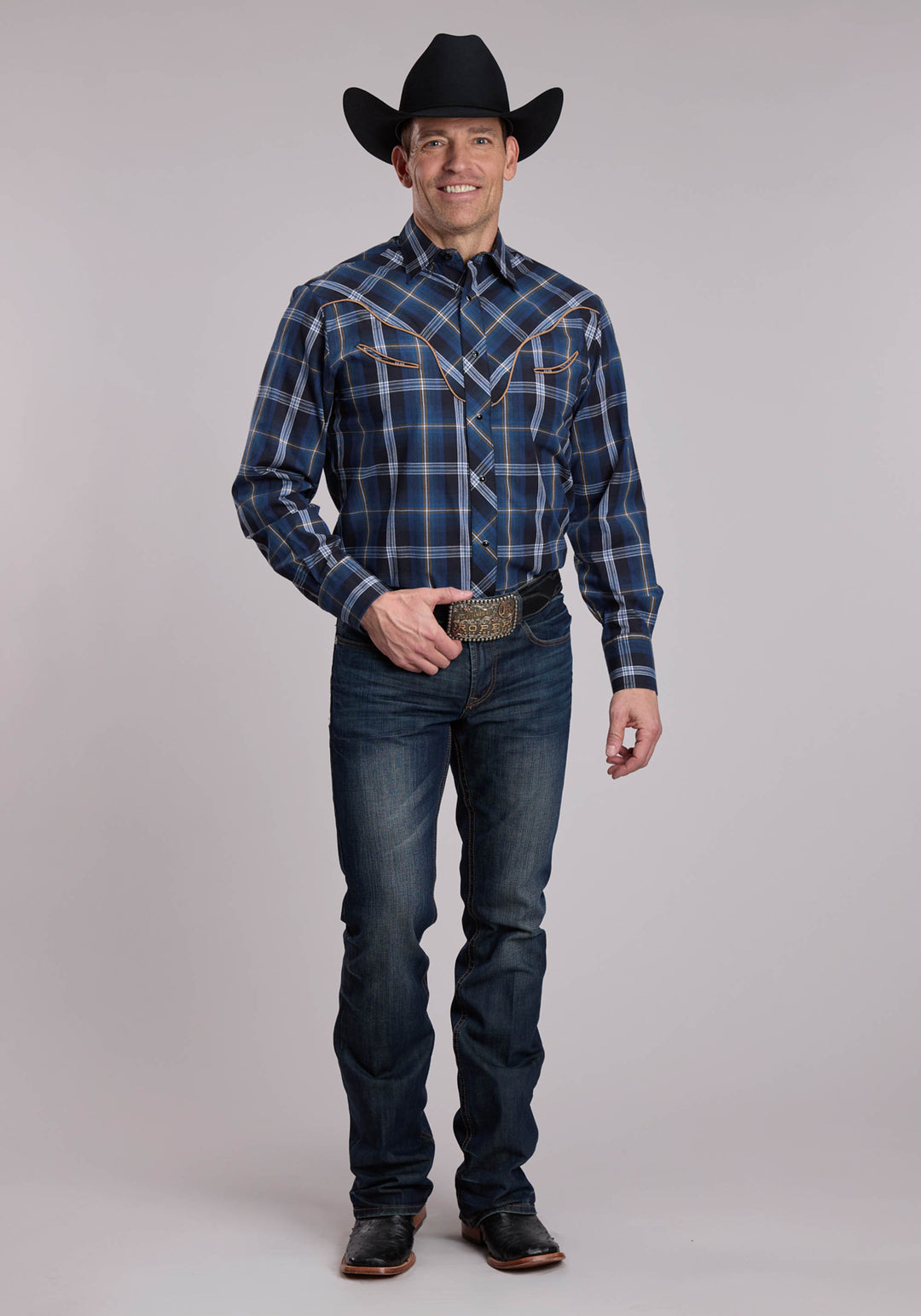 MENS ROPER BLUE AND BLACK AND TAN PLAID WESTERN SHIRT