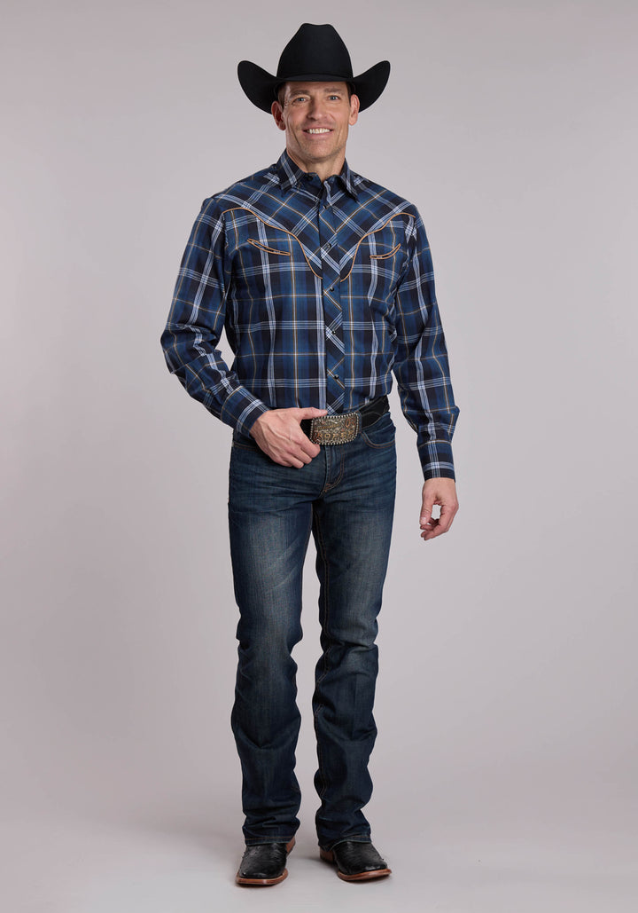 MENS ROPER BLUE AND BLACK AND TAN PLAID WESTERN SHIRT