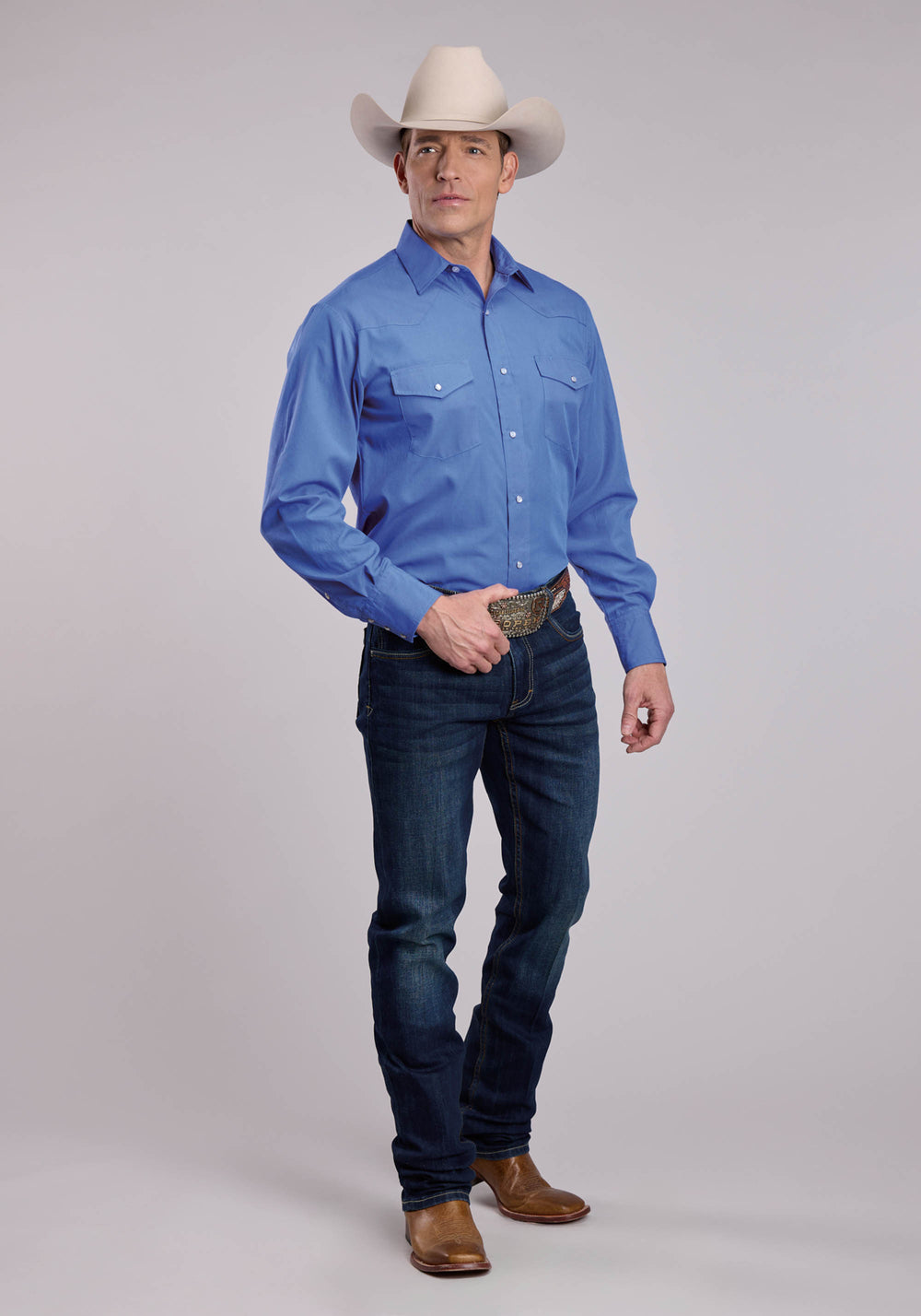 MENS ROPER SOLID SKY BLUE LONG SLEEVE SNAP SHIRT