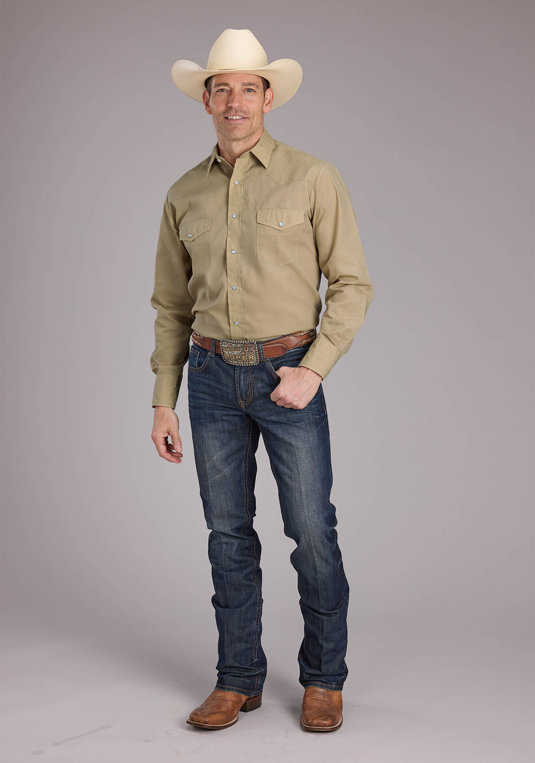 MENS SOLID TAN LONG SLEEVE SNAP WESTERN SHIRT