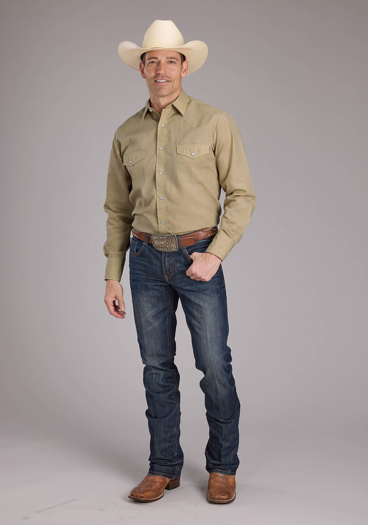 MENS SOLID TAN LONG SLEEVE SNAP WESTERN SHIRT