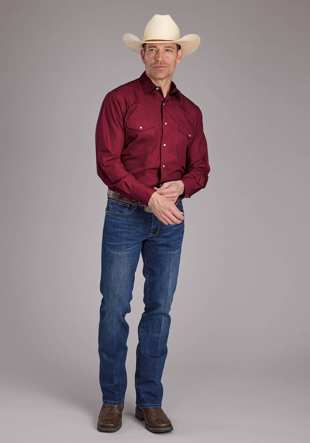 MENS SOLID BERRY LONG SLEEVE SNAP WESTERN SHIRT
