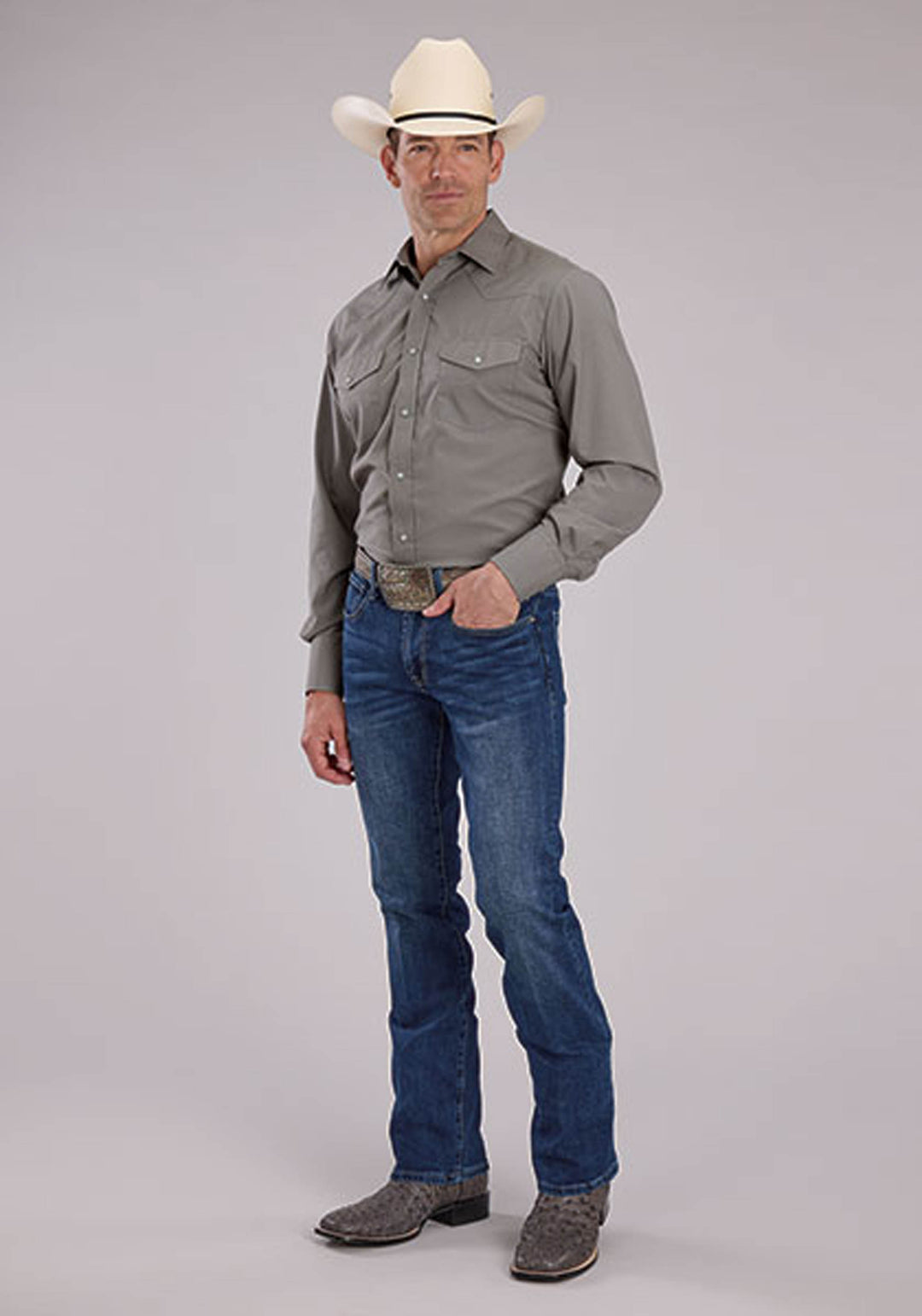 MENS LONG SLEEVE SNAP SOLID BROADCLOTH - LIGHT SMOKEY GREY WESTERN SHIRT