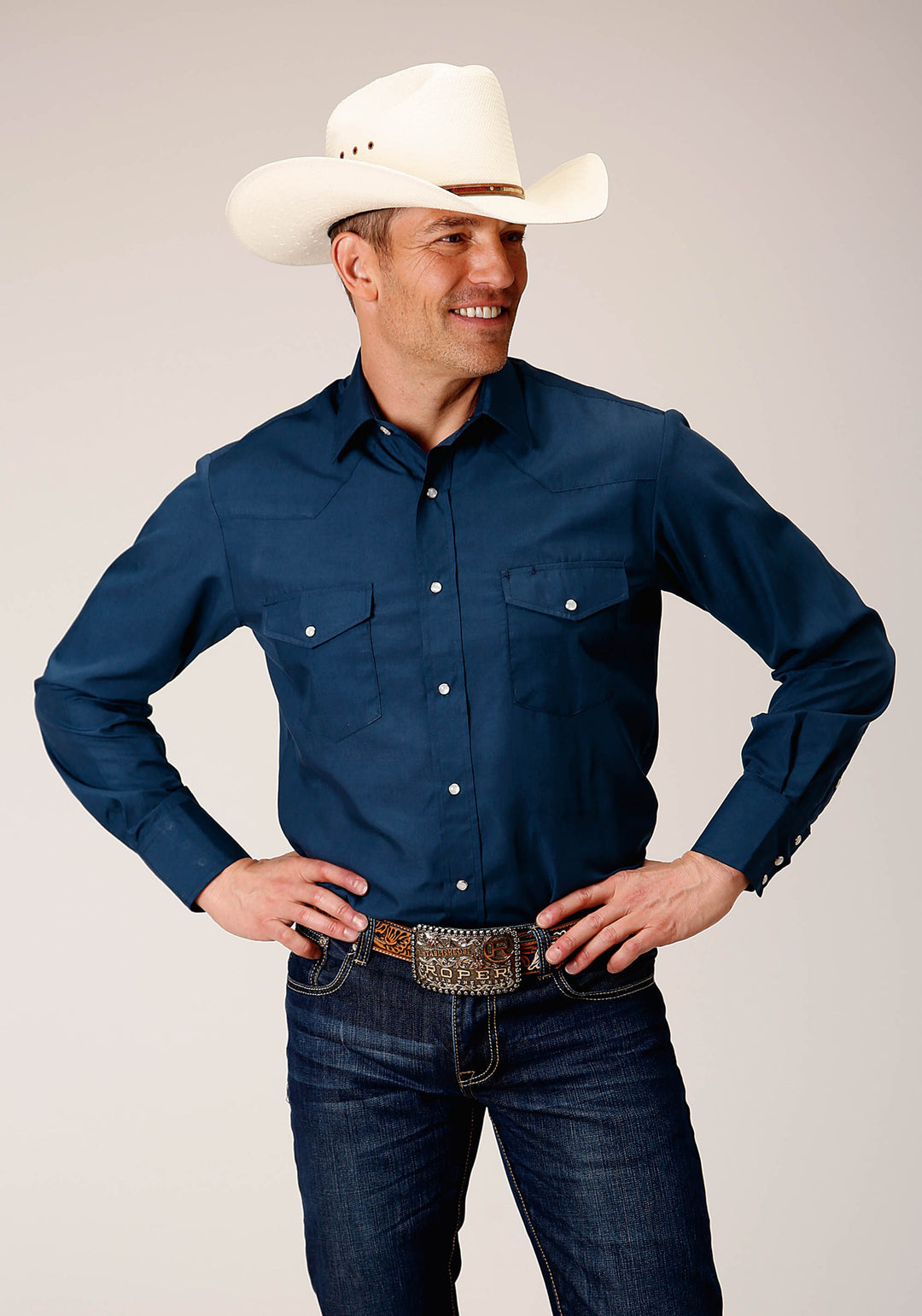 MENS LONG SLEEVE SNAP SOLID BROADCLOTH  SUMMER NAVY WESTERN SHIRT