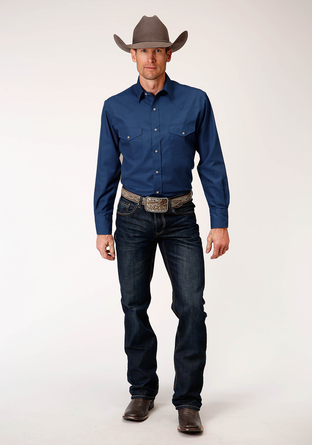 MENS LONG SLEEVE SNAP SOLID BROADCLOTH  DENIM BLUE WESTERN SHIRT