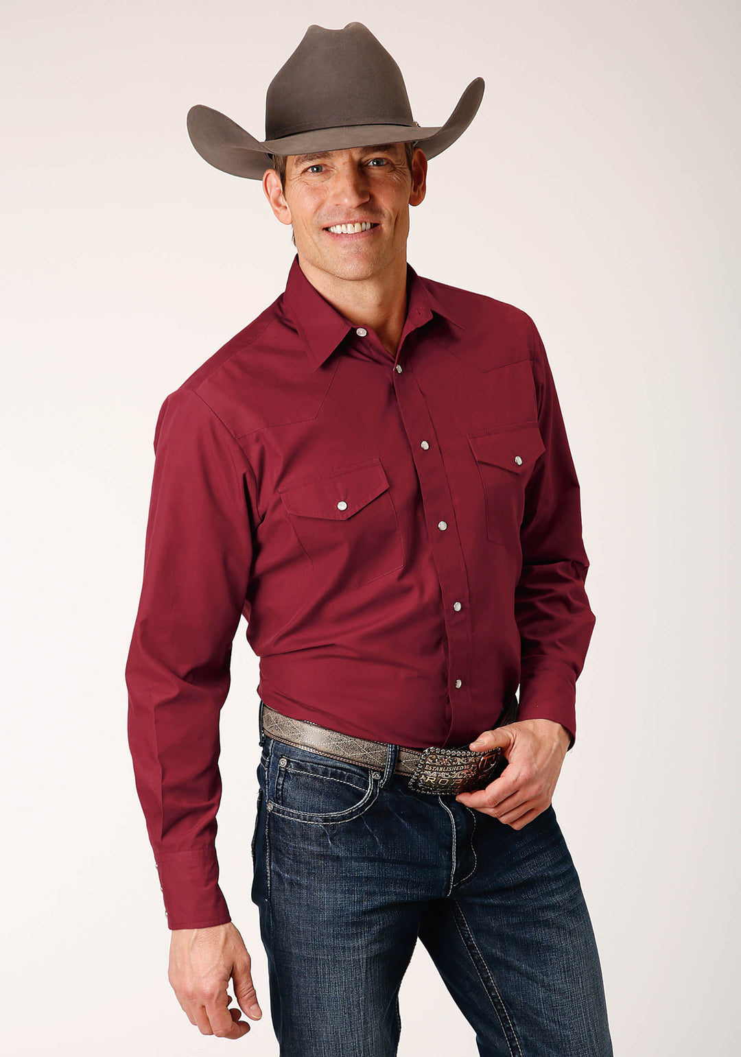 MENS LONG SLEEVE SNAP SOLID BROADCLOTH  DEEPOLY RAYONUSSET WESTERN SHIRT