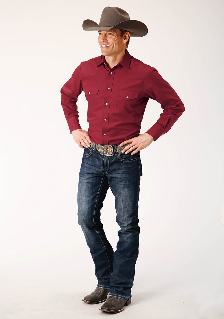 MENS LONG SLEEVE SNAP SOLID BROADCLOTH  DEEPOLY RAYONUSSET WESTERN SHIRT