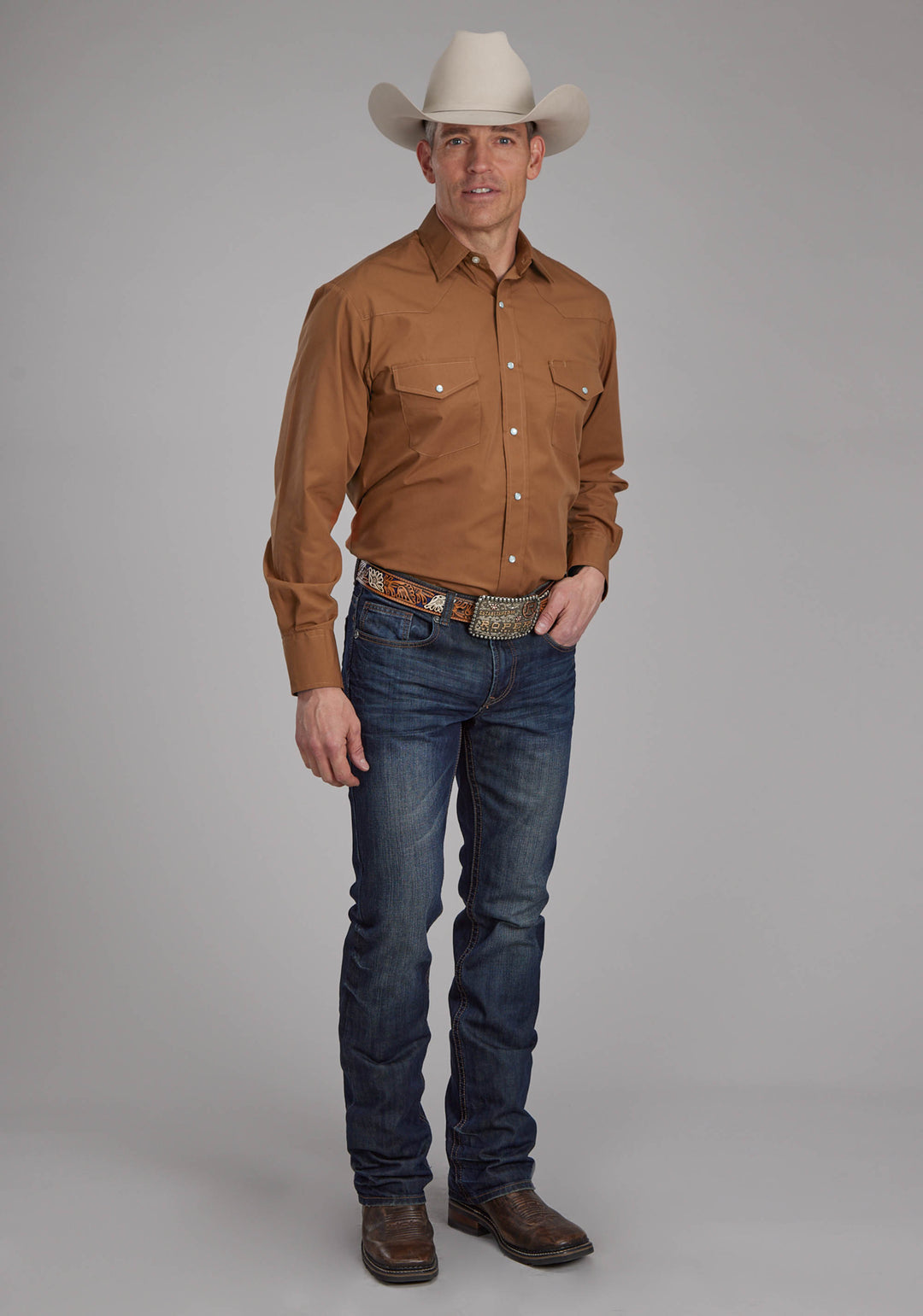 MENS SOLID RUST LONG SLEEVE SNAP WESTERN SHIRT