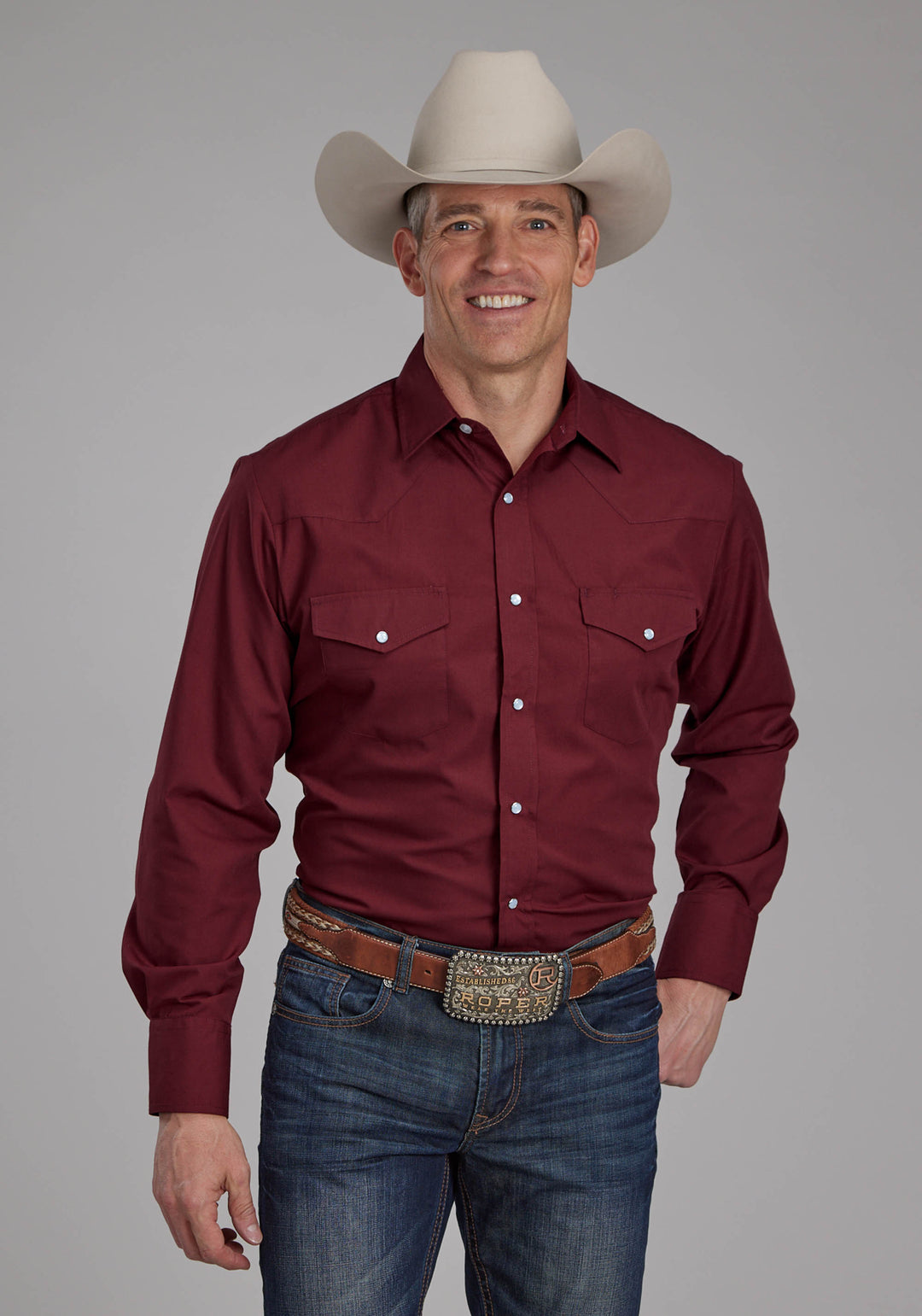 MENS SOLID DEEP WINE LONG SLEEVE SNAP WESTERN SHIRT