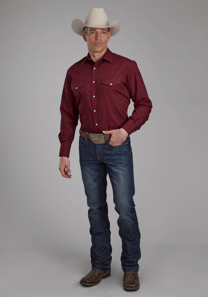 MENS SOLID DEEP WINE LONG SLEEVE SNAP WESTERN SHIRT