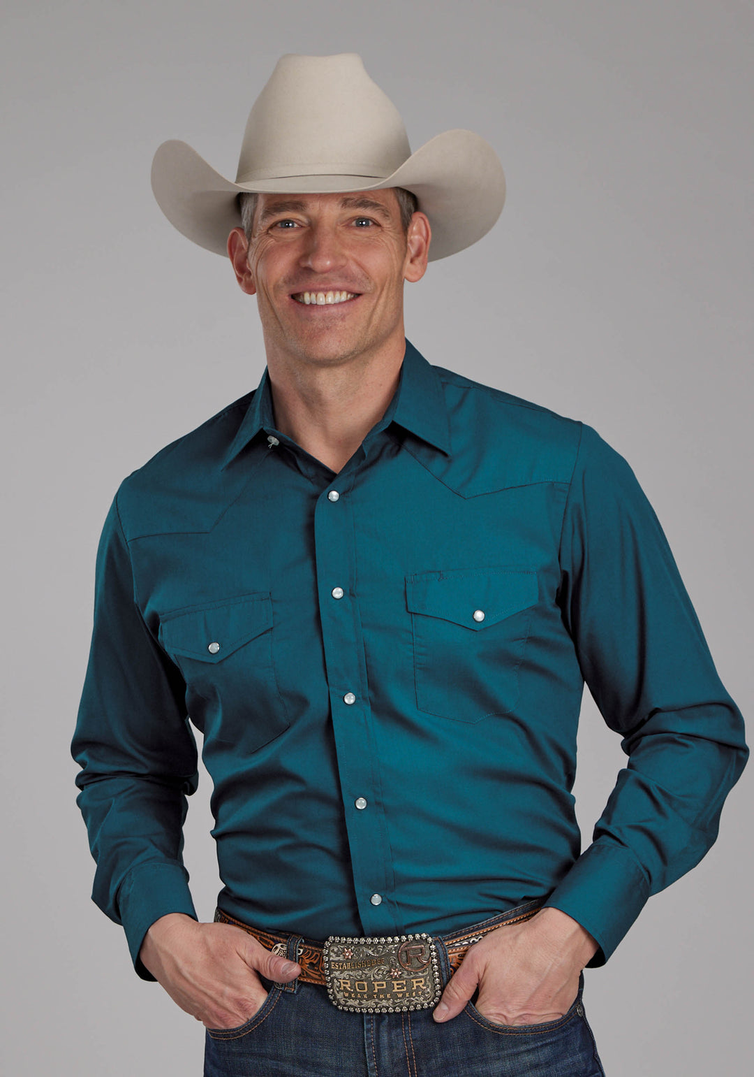 MENS SOLID BLUE STEEL LONG SLEEVE SNAP WESTERN SHIRT