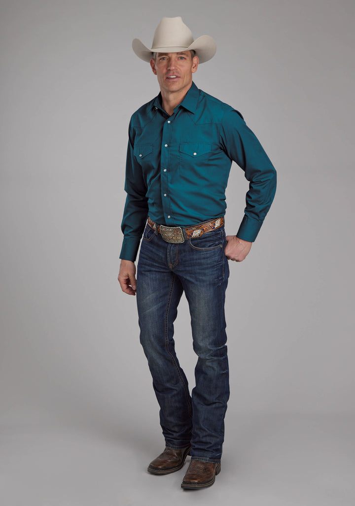 MENS SOLID BLUE STEEL LONG SLEEVE SNAP WESTERN SHIRT