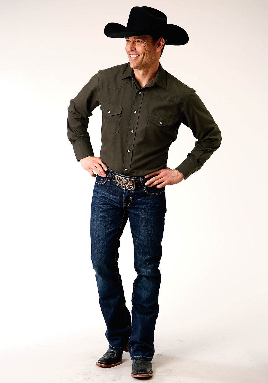 MENS LONG SLEEVE SNAP SOLID BROADCLOTH  DEEP OLIVE WESTERN SHIRT
