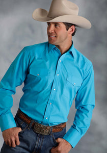 MENS TURQUOISE SOLID BROADCLOTH LONG SLEEVE SNAP WESTERN SHIRT