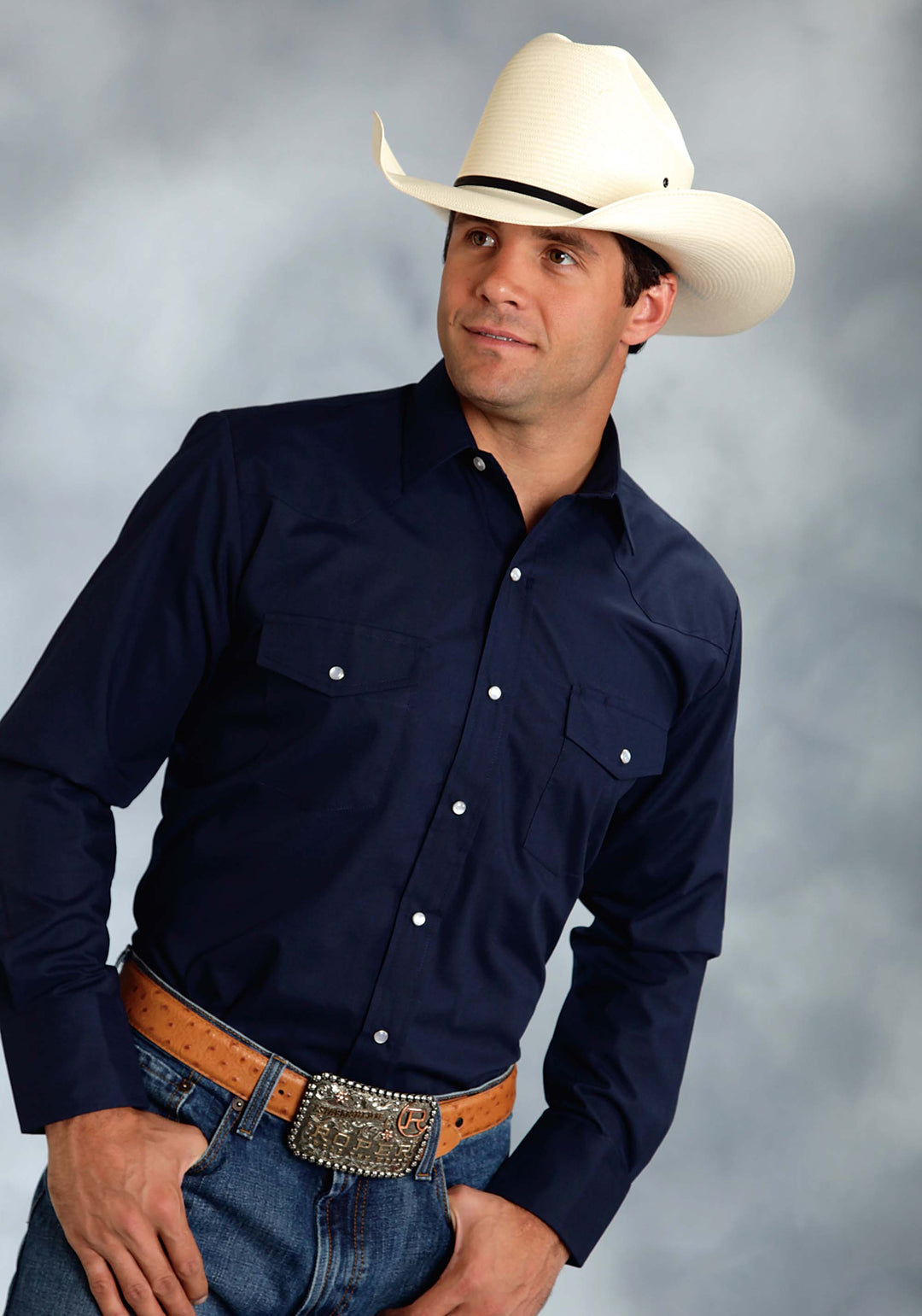MENS NAVY BLUE SOLID BROADCLOTH LONG SLEEVE SNAP WESTERN SHIRT