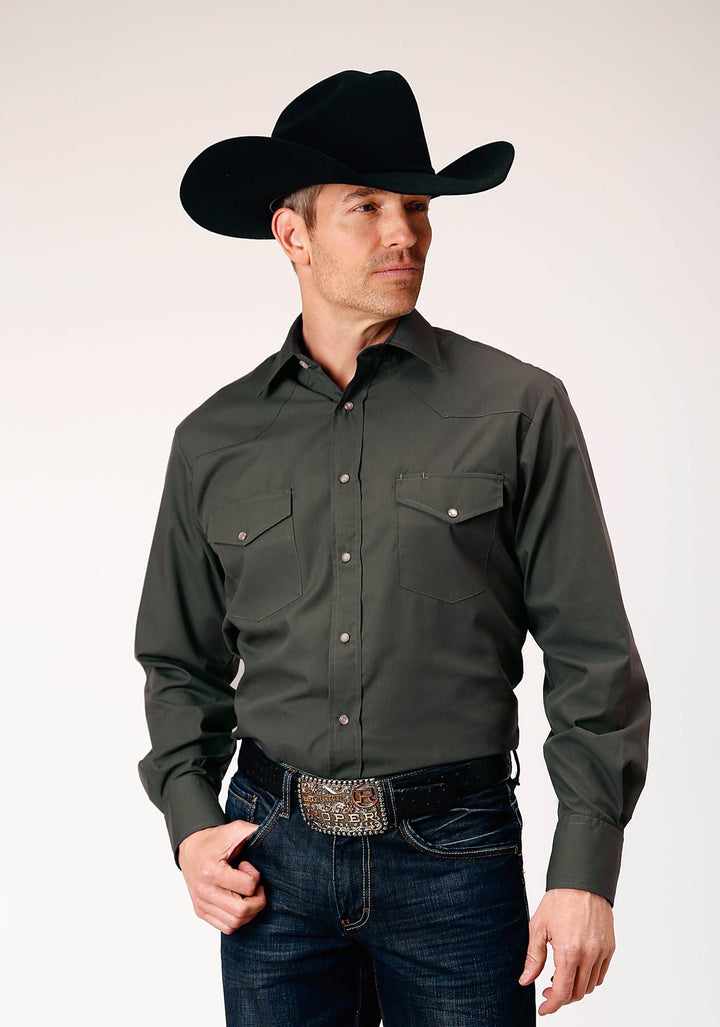 MENS LONG SLEEVE SNAP DARK CHARCOAL GREY SOLID BROADCLOTH WESTERN SHIRT