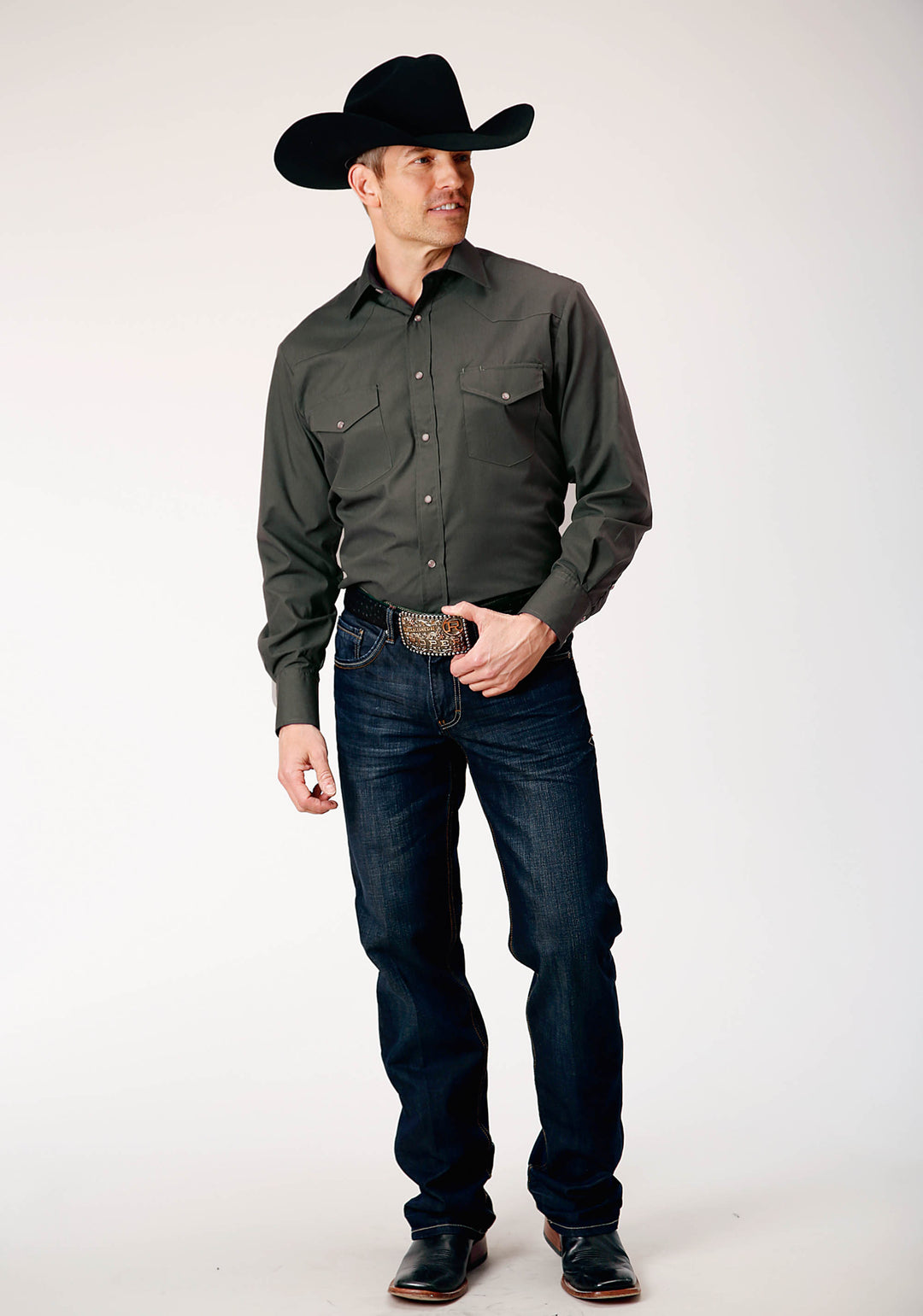 MENS LONG SLEEVE SNAP DARK CHARCOAL GREY SOLID BROADCLOTH WESTERN SHIRT
