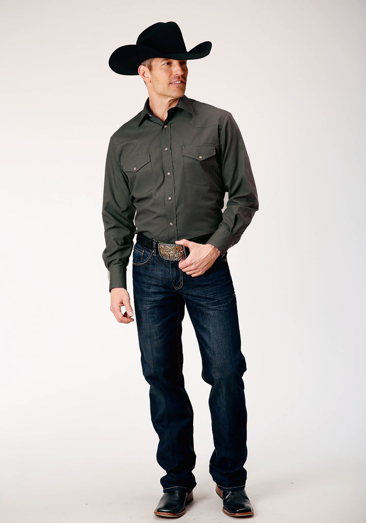 MENS LONG SLEEVE SNAP DARK CHARCOAL GREY SOLID BROADCLOTH WESTERN SHIRT