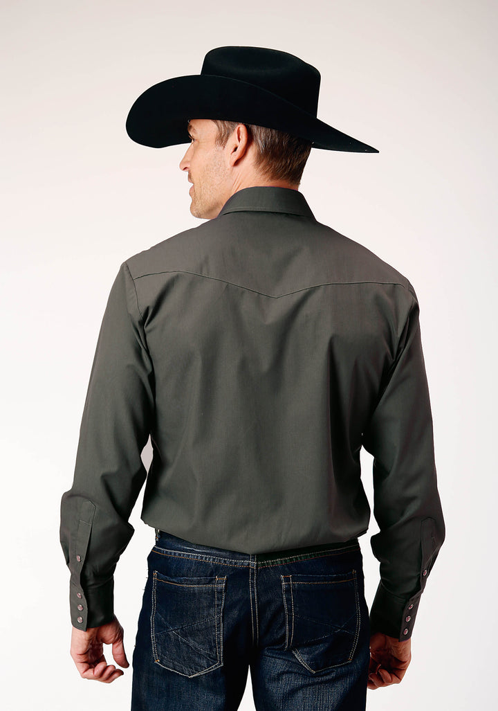 MENS LONG SLEEVE SNAP DARK CHARCOAL GREY SOLID BROADCLOTH WESTERN SHIRT