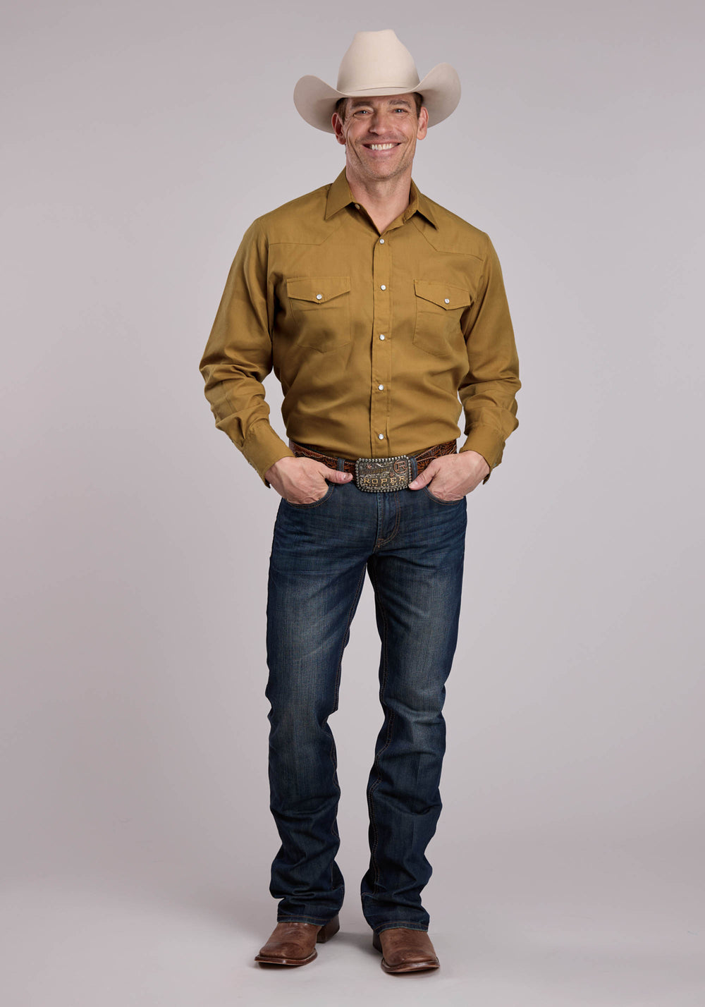 MENS ROPER SOLID CAMEL BROWN LONG SLEEVE SNAP SHIRT